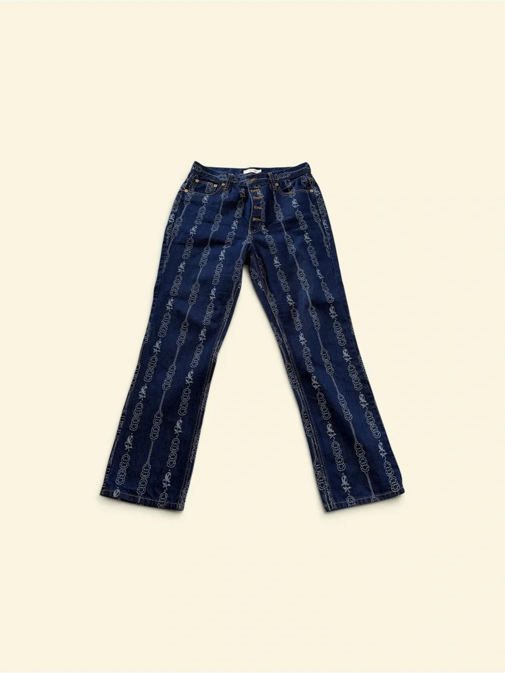 Tory Burch Navy Logo-Stripe Straight Leg Ribbon Jeans. Size 30. Lightly worn!